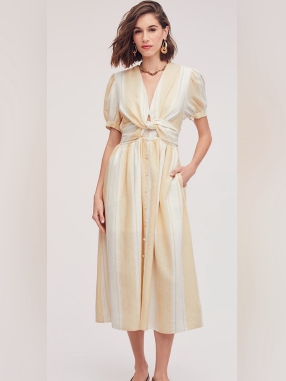 Sam Edelman Christy Striped Midi Dress -Pale Yellow-Striped Tie-Front